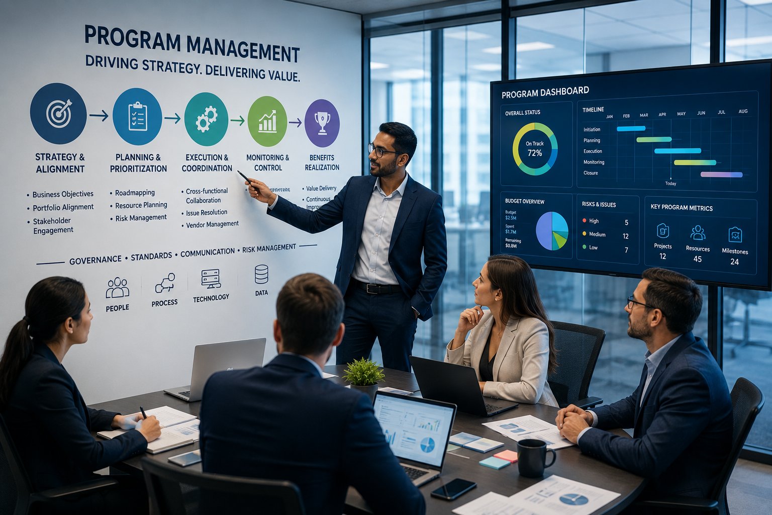 Program management consulting session with dashboard